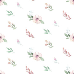 Watercolor Seamless hand illustrated floral pattern with floral leaf and pink flowers. Watercolor boho spring wallpaper botanical background textile