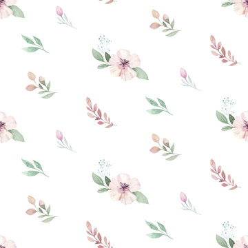 Watercolor Seamless hand illustrated floral pattern with floral leaf and pink flowers. Watercolor boho spring wallpaper botanical background textile