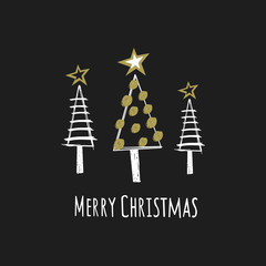 Christmas card with text merry Christmas and Christmas trees. Figure of Christmas trees on a black background. Holiday design
