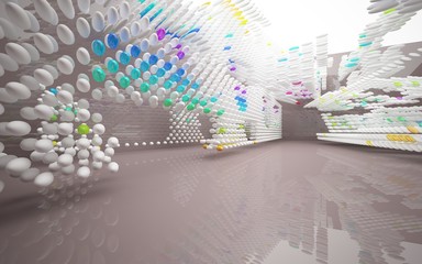 Obraz premium Abstract dynamic brown room interior with white and gradient colored smooth objects . 3D illustration and rendering