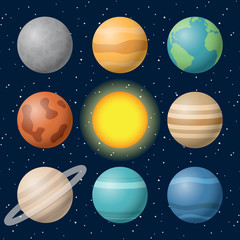 Naklejka na ściany i meble planets of the solar system mercury venus earth mars jupiter saturn uranus neptune sun on space sky star vector