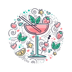 Vector card with cocktail daiquiri and decoration elements. Hand drawn style illustration.  Suitable for bar menu design, invitation, advertisign or textile print