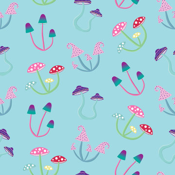magic colourful psychedelic mushroom on a blue background seamless pattern hippie psilocybin retro vector