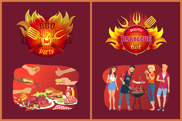 Barbecue Party Emblems and Friends near Grill