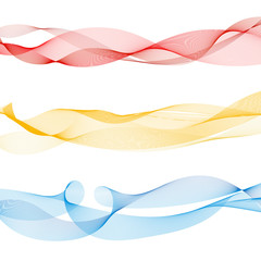 Set of abstract colorful smooth wave lines red, yellow, blue on white background.
