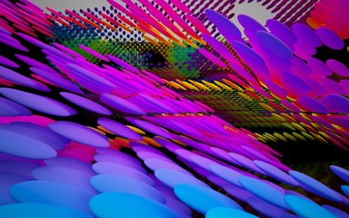 Fototapeta premium Abstract dynamic interior with colored gredient smooth objects and black room . 3D illustration and rendering