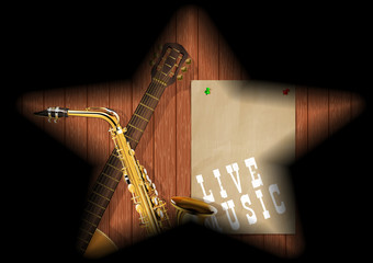 Musical background guitar and saxophone on a wooden board in the gap and the shadows in the form of a star.