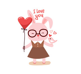Cute cartoon lovely rabbit with pink large heart
