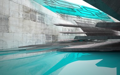 Abstract interior of concrete with blue water. Architectural background. 3D illustration and rendering 