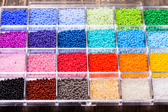 Various colour beads close up in the box