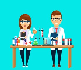 The concept of the scientist. Girl and guy scientists. Scientists are conducting an experiment. In flat style on blue background. Cartoon.