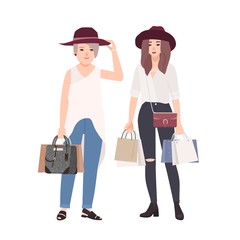 Cute smiling grandmother and granddaughter shopping together. Funny happy elderly woman and young girl carrying bags with their purchases. Colorful vector illustration in flat cartoon style.