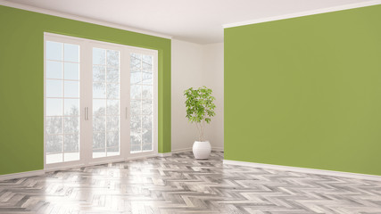 Empty white and green interior with panoramic window, winter panorama with snow, herringbone parquet floor, classic contemporary design, concept idea, copy space blank background