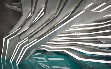 Empty dark abstract concrete room interior with blue water. Architectural background. Night view of the illuminated. 3D illustration and rendering