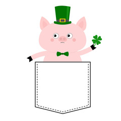 Pig face head in the pocket. Patrick day hat, clover. Cute cartoon animals. Piggy piglet character. Dash line. White and black color. T-shirt design. Baby background. Isolated. Flat design.