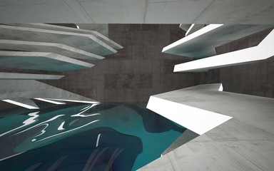 Empty dark abstract concrete room interior with blue water. Architectural background. Night view of the illuminated. 3D illustration and rendering