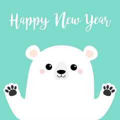 Happy New Year. White polar bear holding hands paw print. Cute cartoon funny kawaii baby character. Merry Christmas. Greeting Card. Flat design. Blue background. Greeting card.