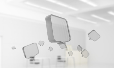 Concept of communication by glass empty chat icon on office background. Mixed media