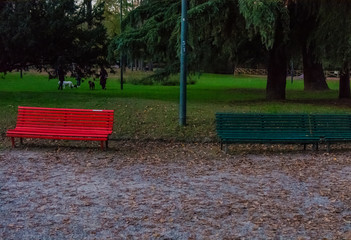 Milan, Italy Indro Montanelli park, red bench against violence against women