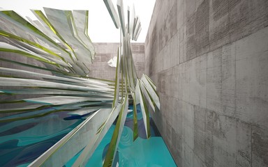 Abstract interior of concrete with blue water. Architectural background. 3D illustration and rendering 