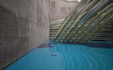 Fototapeta premium Abstract interior of concrete with blue water. Architectural background. 3D illustration and rendering 