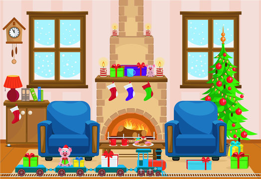 Vector illustration of Christmas living room with Christmas tree, gifts, chairs, toy railway, table with treats and snow-covered window.