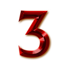 Number 3 from stylish faceted ruby alphabet, shiny gemstone letters, numbers and punctuation marks