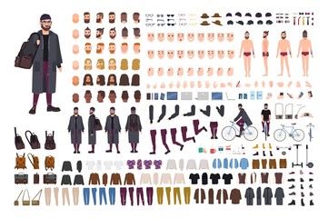 Bearded hipster guy creation set or DIY kit. Collection of flat cartoon character body parts, trendy clothes, accessories isolated on white background. Front, side, back view. Vector illustration.