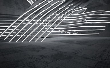 Fototapeta premium Empty dark abstract concrete room interior. Architectural background. Night view of the illuminated. 3D illustration and rendering