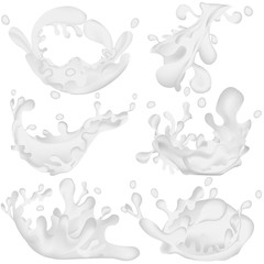 Set of realistic milk splashes isolated against a white background. Vector illustration
