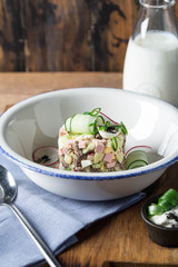 Okroshka with kvass or kefir. Traditional meal of the Russian cuisine. Prepared by chef