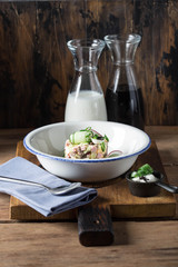 Okroshka with kvass or kefir. Traditional meal of the Russian cuisine. Prepared by chef