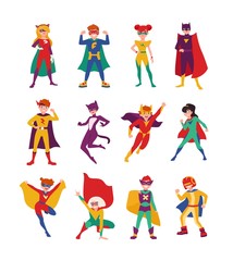 Fototapeta na wymiar Collection of kids superheroes. Bundle of boys and girls with super powers. Set of strong and brave children wearing tight-fitting costumes and capes. Vector illustration in flat cartoon style.