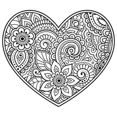 Mehndi flower pattern in form of heart for Henna drawing and tattoo. Decoration in ethnic oriental, Indian style. Valentine's day greetings. Coloring book page.