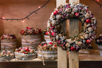Christmas wreath in a rustic interior