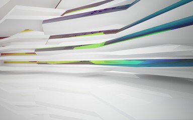 abstract architectural interior with white sculpture and geometric gradient glass lines. 3D illustration and rendering