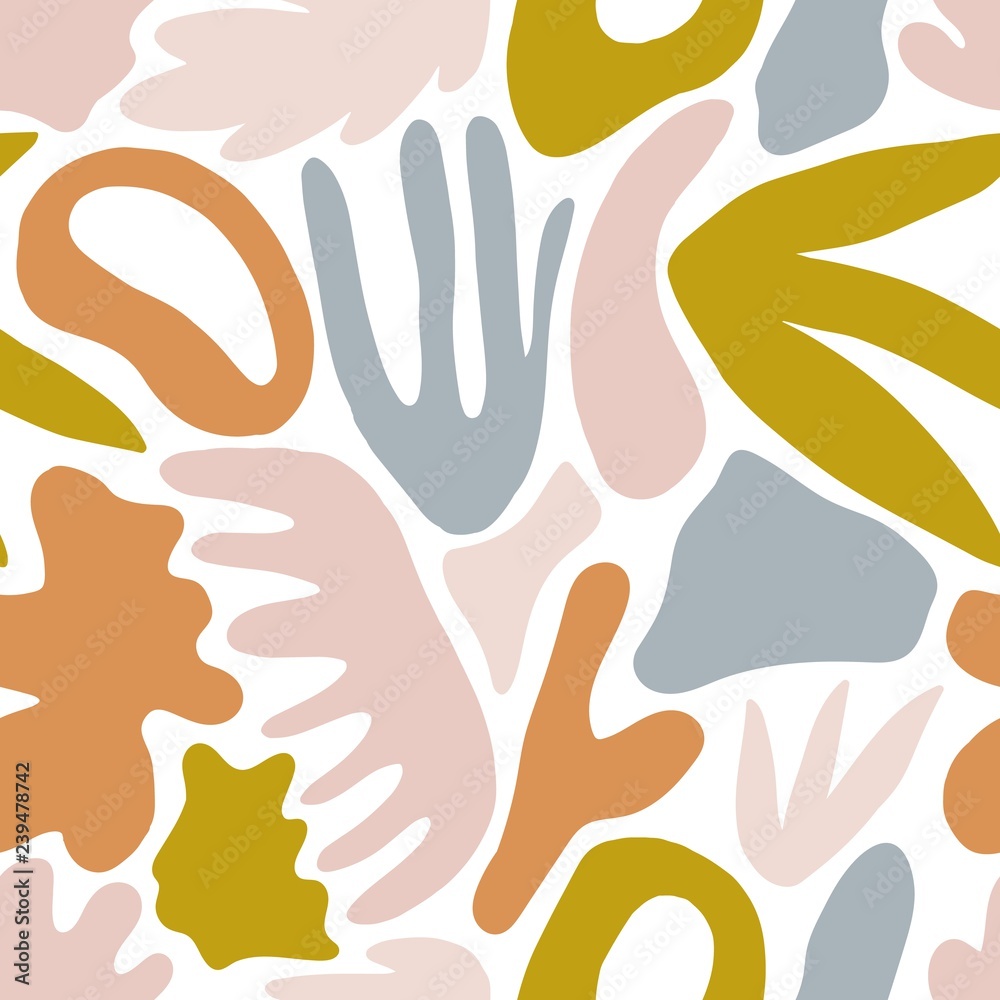 Poster vivid abstract seamless pattern with natural colorful shapes or blots on white background. trendy mo