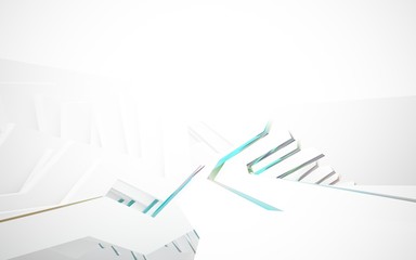 abstract architectural interior with white sculpture and geometric gradient glass lines. 3D illustration and rendering
