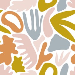 Fototapeta premium Vivid abstract seamless pattern with natural colorful shapes or blots on white background. Trendy motley vector illustration in flat style for wrapping paper, wallpaper, fabric print, backdrop.