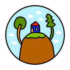 Tiny house on a hill hand drawn illustration logo logotype