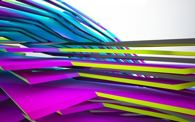 Abstract dynamic interior with gradient colored objects. 3D illustration and rendering