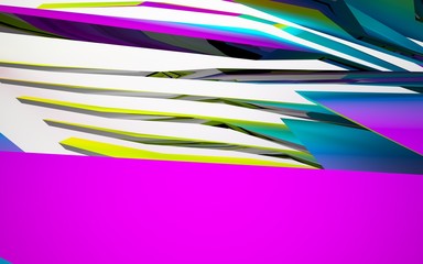 Abstract dynamic interior with gradient colored objects. 3D illustration and rendering