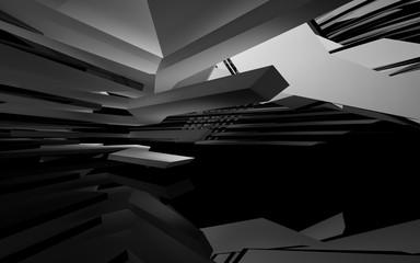 Abstract white interior of the future, with glossy black wall and floor. 3D illustration and rendering