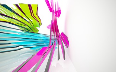 Abstract dynamic interior with gradient colored objects and brown lines. 3D illustration and rendering