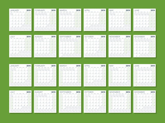 Wall calendar template for 2019 year. Week starts on Sunday. Week starts on Monday. Vector illustration