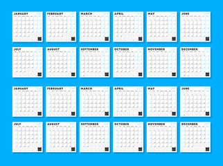Wall calendar template for 2019 year. Week starts on Sunday. Week starts on Monday. Vector illustration