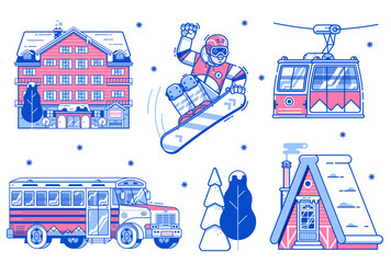 Mountain ski resort elements. Snowboarder, funicular cable car, chalet, skibus shuttle, park hotel and snowy trees. Winter sport activities, skiing vacation icons with lodging and transportation.
