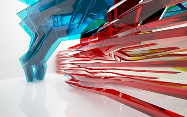 abstract architectural interior with gradient geometric glass sculpture. 3D illustration and rendering