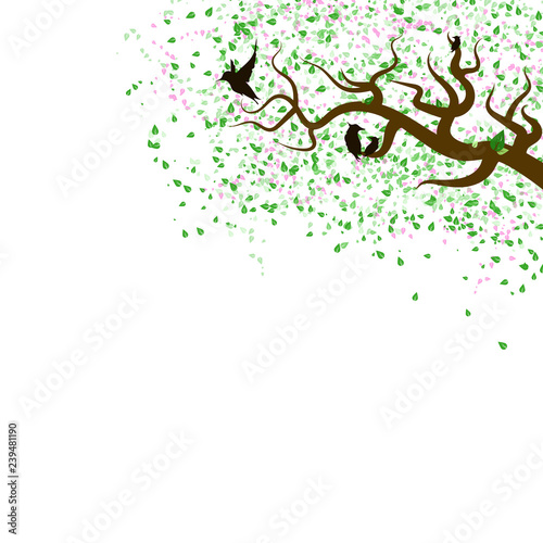 Green Leaves And Sakura Scatter Falling Nature With Animal