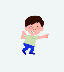 Businessman in casual style pointing to something funny on his left.